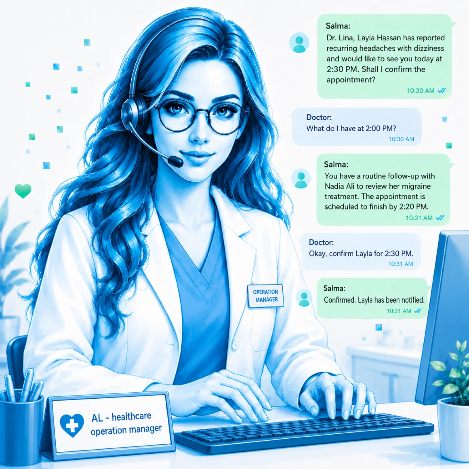 Salma confirming an appointment with Dr. Lina over WhatsApp and handing over a case summary — symptoms, history and the agreed slot.