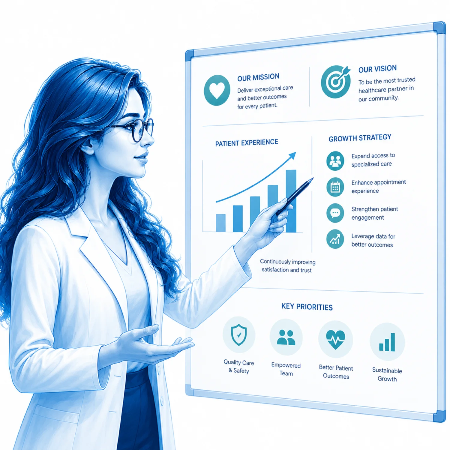 Salma presenting a clinic growth strategy with mission, vision, patient experience and data-driven outcomes on a digital whiteboard.