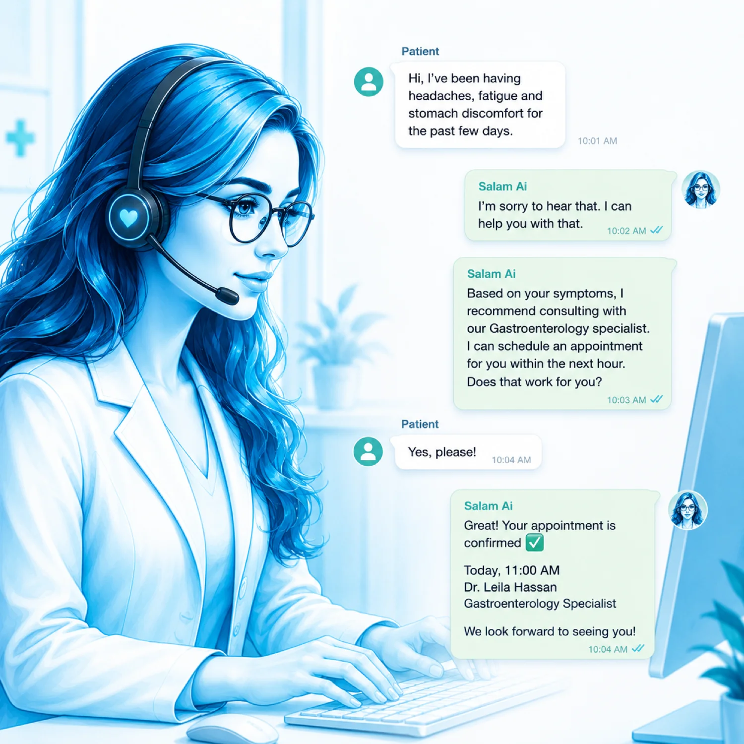 Salma answering a patient's inquiry over chat, triaging symptoms and booking an appointment automatically.